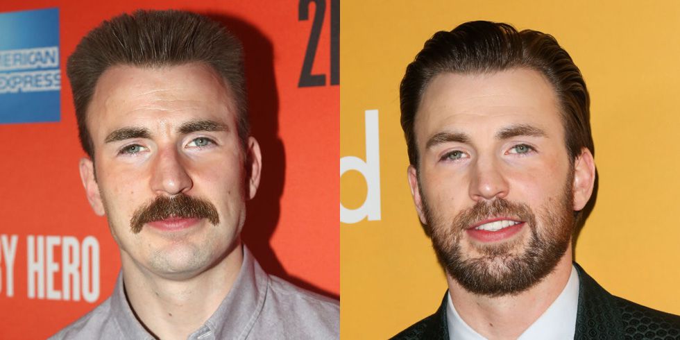 Side by side portrait of Chris Evans with a mustache vs Chris Evans with a beard.
